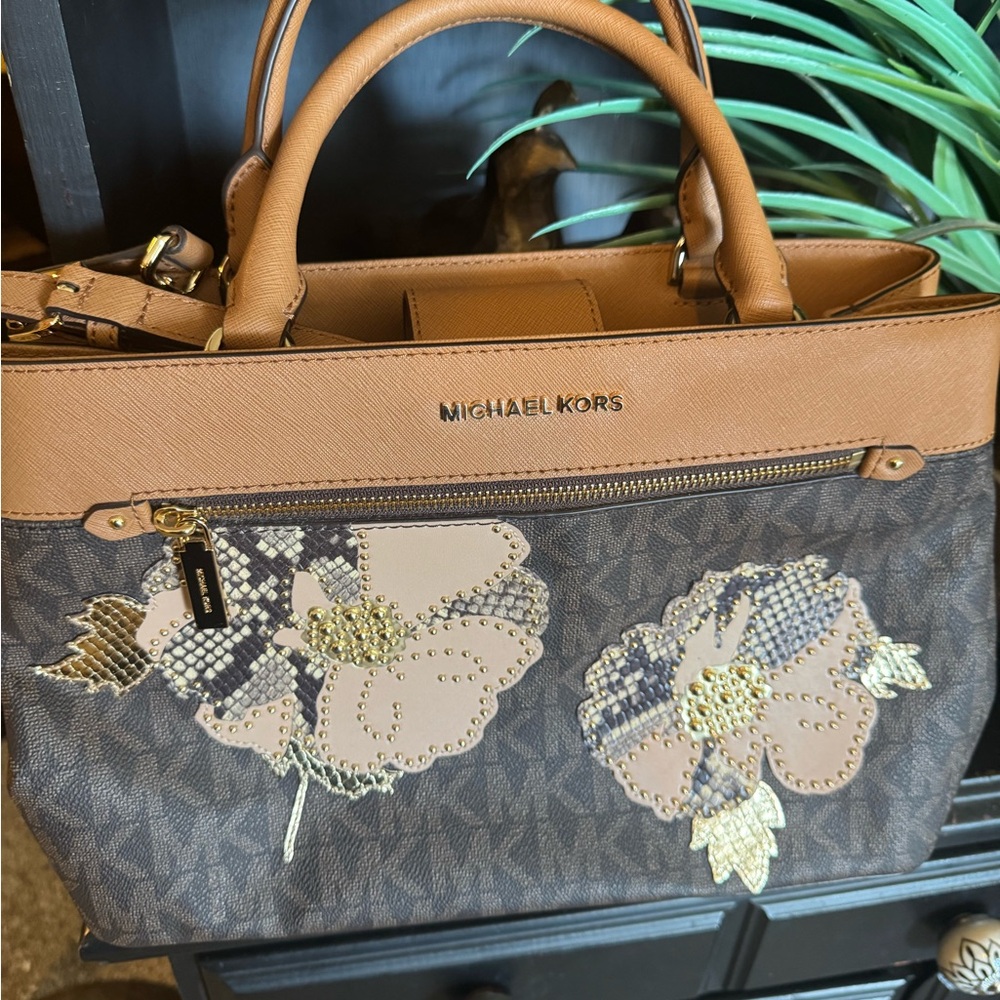 Rare Michael Kors Hailee Medium Brown and Tan Satchel with Gold Accents.